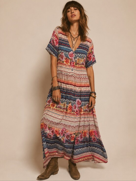 Papa Vancouver Dresses & Skirts - Vintage Papa Vancouver Floral Maxi Dress Size L Boho V Neck Short Sleeve